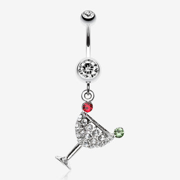 Sparkling Martini Glass Charm Dangle Belly Ring-Clear Gem